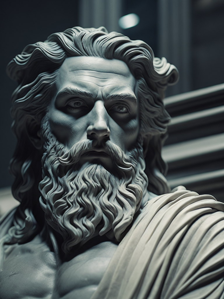 dark marble statue of zeus, dark atmosphere, sharp on details, tee shirt white