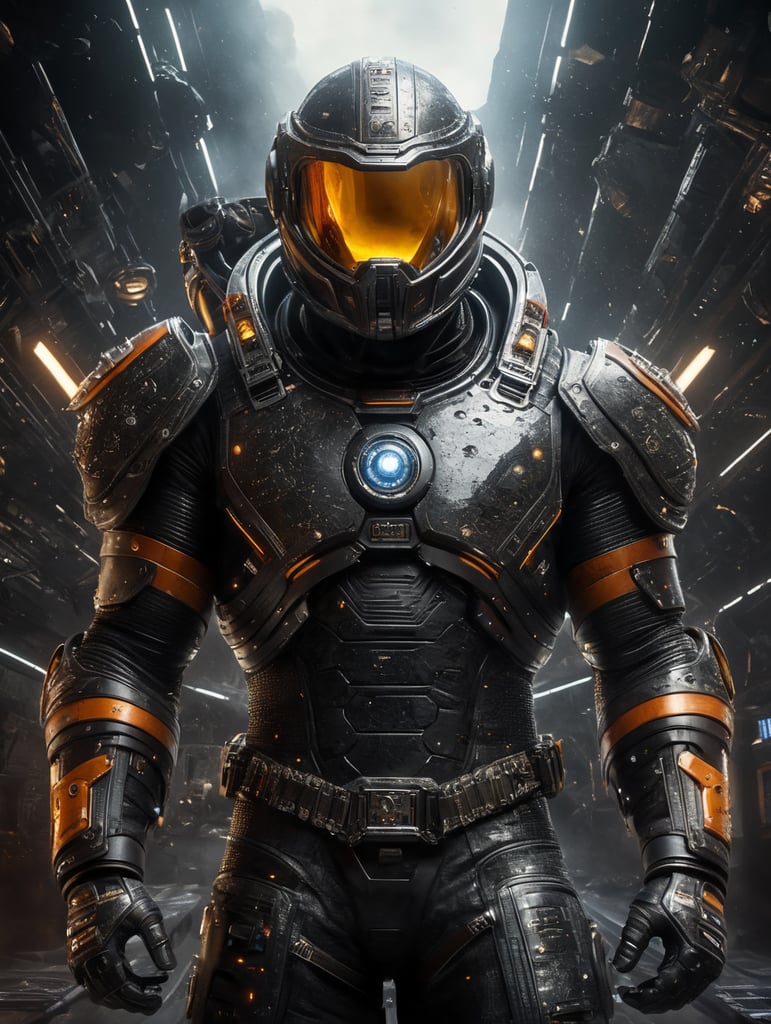 Space Viking, modern space suit style, bigger body size, black portal with with energy ligth, noeon suit, cyber punk, darken, meteorite, spaceship, meteorite rain, energy blast
