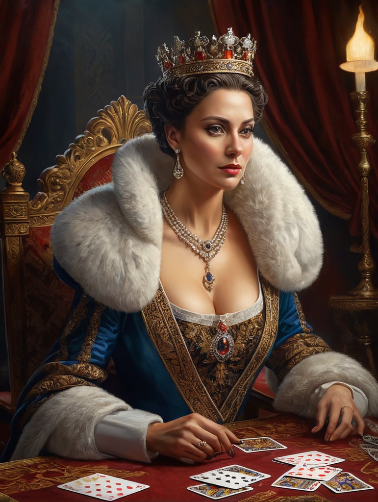 classical royalty portrait art. queen playing cards. dramatic lighting oil paint texture. high quality artwork. traditional art historical themed. royal elegance fine art.