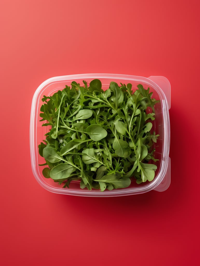 blank Transparent Plastic Container with Arugula Salad, isolated, red background, Mockup, mock up