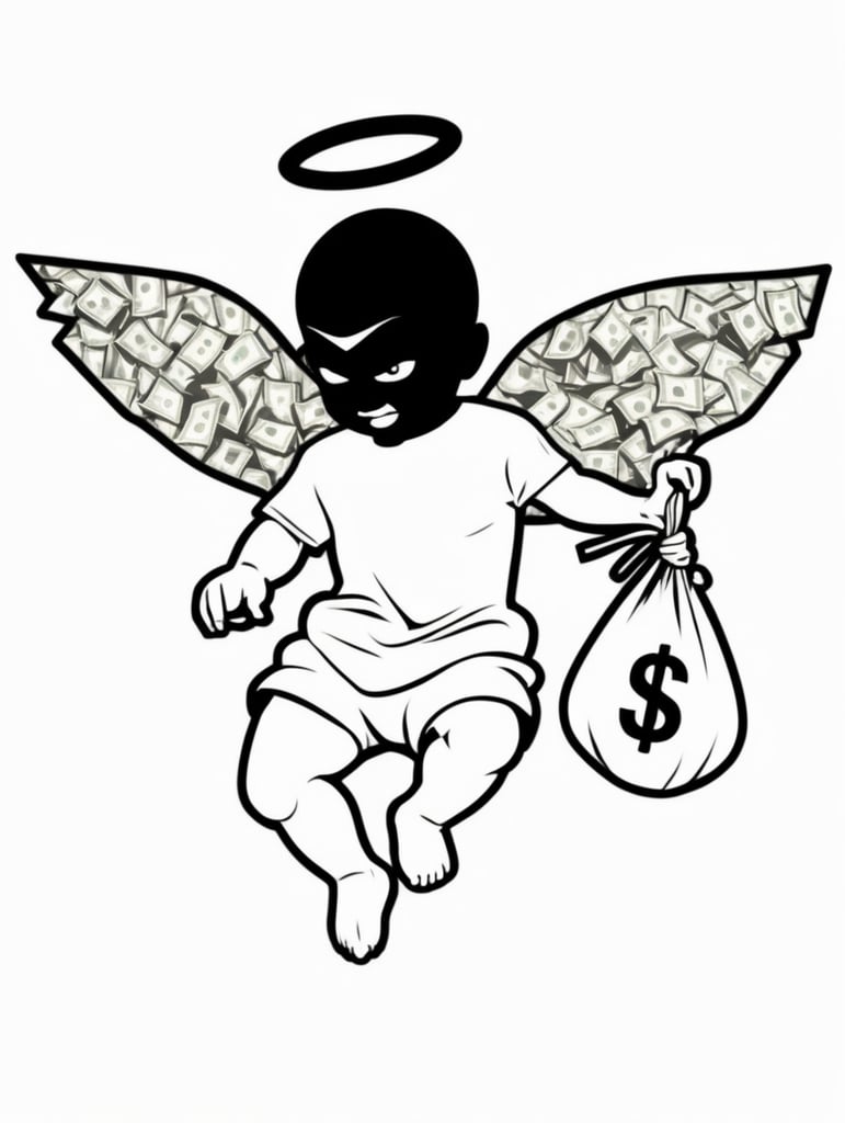 Gangsta baby cheerub boss Sticker with bag of money, in the style of simple black and white line art vector comic art on a white background