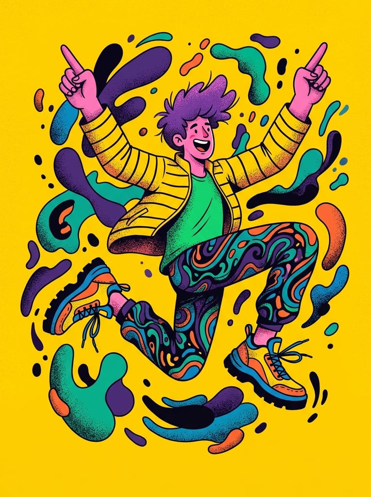A dynamic vector illustration of a leaping figure with pink skin and purple hair pointing both index fingers upward, wearing a vibrant yellow striped jacket, green shirt, swirling patterned pants, and chunky colorful sneakers. Abstract organic blobs in dark purple, teal, and black float around the character against a solid yellow background, rendered with exaggerated proportions, flat vibrant colors, and grainy stippled shading.