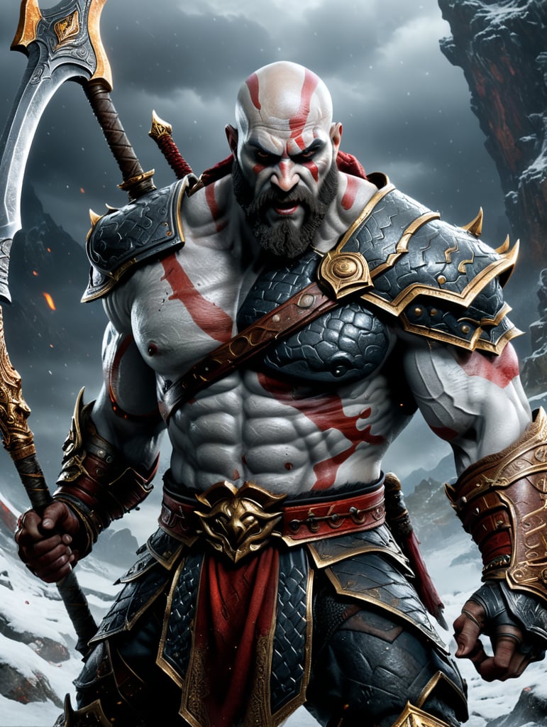 how would Kratos look in real life with blades of Chaos and Leviathan Exe?