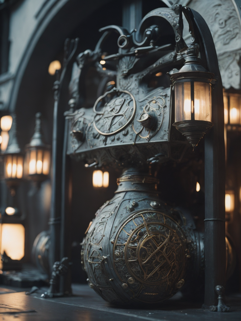 Close-up of Sampo which is a magical device or object described in many different ways that was constructed by the blacksmith Ilmarinen and that brought riches and good fortune to its holder in all its glory, shining with untold power, intricately detailed, cinematic lighting