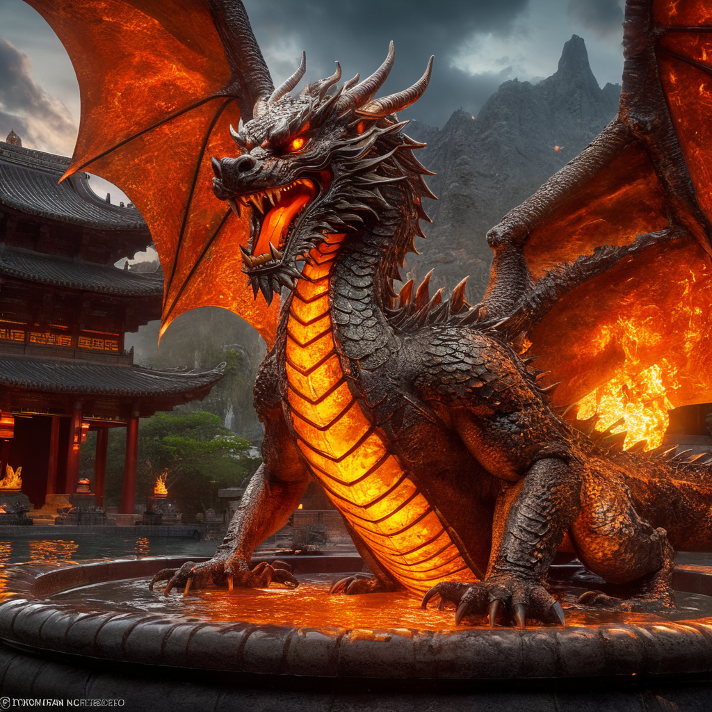 A liquid molten iron asian dragon(masterpiece, intricate and detailed, fiery glow) emerging from a pool.of molten magma (fiery , magma glow) , 500 mp uhd, extremely realistic , sharp focus , no blur denoise