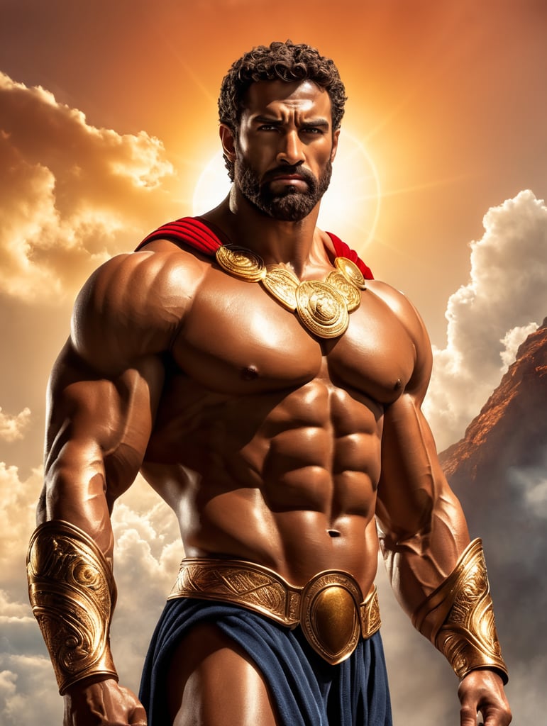 Hercules, ancient greek demi god, muscles, full body, hyper realistic, red gold colours, energy blast in background, light in the sky, sun, bright, glorious, marvellous, epic, heroic, very detailed greek human face, perfect face, correct face