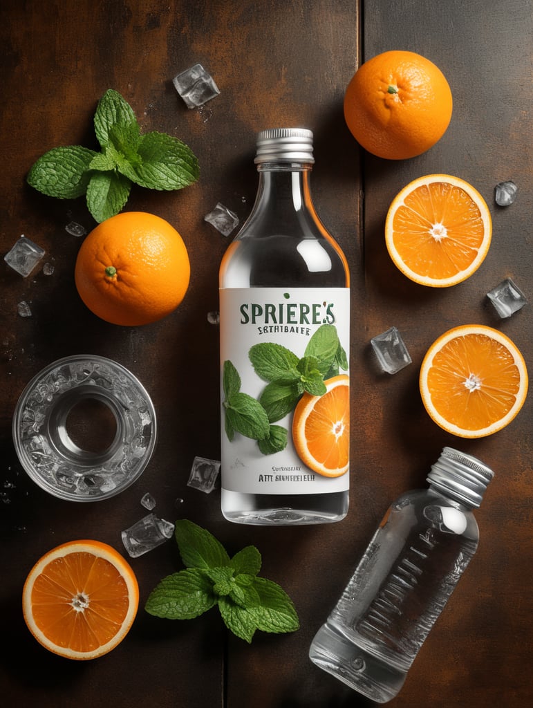 atomizador, taza de agua, botella de vinagre blanco, con rodajas de naranja y hojas de mentas distribuidos de forma circular, en una mesa de madera, vistos desde arriba