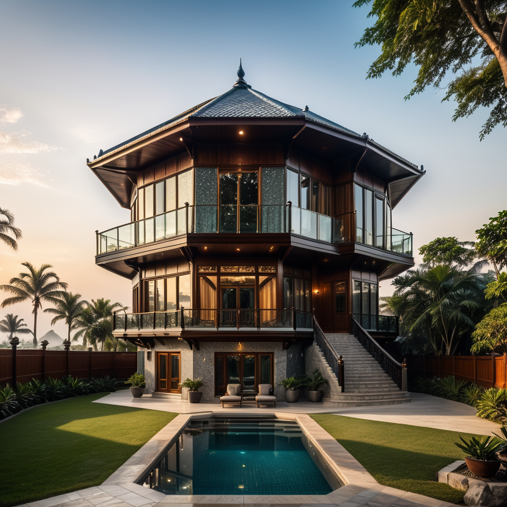 ultra real view for ultra luxury hexagonal shaped 3 floor Bunglow , award winning masterpiece with incredible details, epic stunning, ultra hd, realistic, highly detailed, perfect composition, , wide angle perspective camera view , high quality image ,beautiful detailed intricate insanely detailed octane render trending on artstation, 8k artistic photography, photorealistic concept art, soft natural volumetric cinematic perfect lightaward winning masterpiece with incredible details, epic stunning, front, cinematic lighting, symmetry, form, detailed, curved, crystal facade, trending on artstation, sharp focus, studio photo, intricate details, highly detailed, by greg