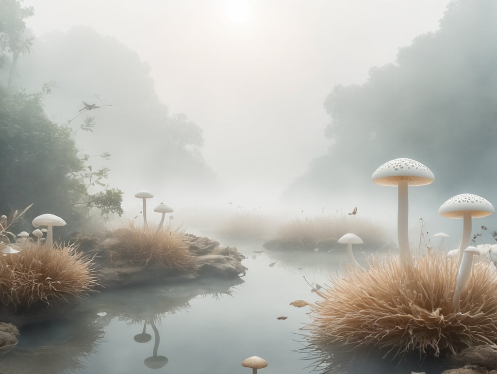 space travel, meditation, fog, beautiful light, space landscapes, artifacts, space river, space mushrooms and insects