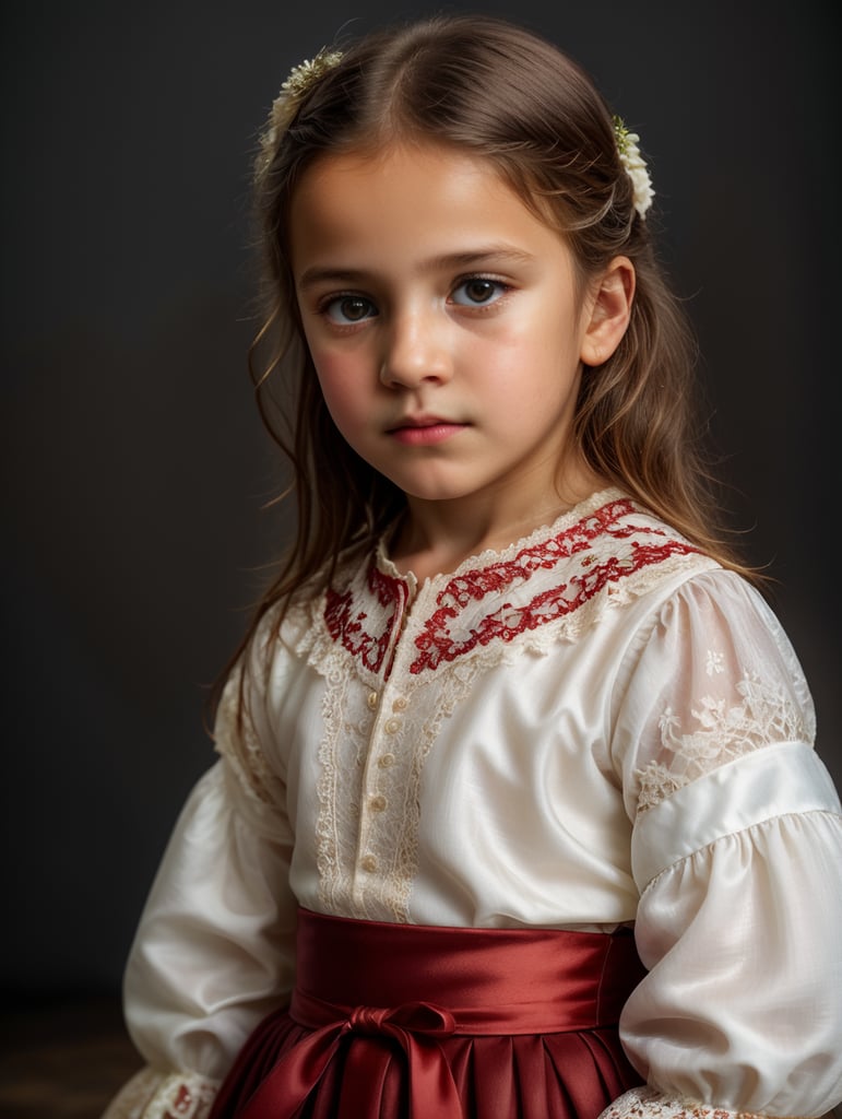 Wartime close-up photo of a (((6-year-old Bulgarian girl))), (((dressed in traditional wedding dress with white shirt with colored lace, dark red skirt and wide dark red fabric shoulder straps))), (fearful), 1 girl, alone, face very detailed, beautiful bright eyes, (((very sad and teary eyes))), stunningly beautiful image, (Rembrandt lighting), zeiss lens, ultra-realistic, (highly detailed skin: 1.2), 8k uhd, dslr, light, high quality, Fujifilm XT3 Dramatic edge.