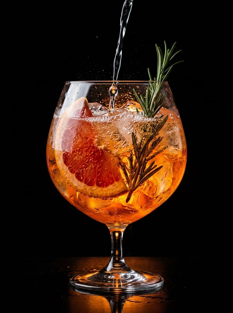 A vibrant, glowing orange cocktail in a large balloon glass sits against a pitch-black background as clear liquid is poured into it from above. The glass is packed with irregular ice cubes, a thick wedge of textured ruby red grapefruit, and a tall sprig of fresh green rosemary. The descending stream creates delicate splashes and tiny bubbles on the surface. Dramatic low-key lighting isolates the glass in pure darkness, casting a fiery amber luminescence that radiates from within the drink and highlights the elegant stem resting on a dark reflective surface. The moody macro photography emphasizes the rich color saturation of the citrus and the crisp crystalline textures of the ice against the absolute void.