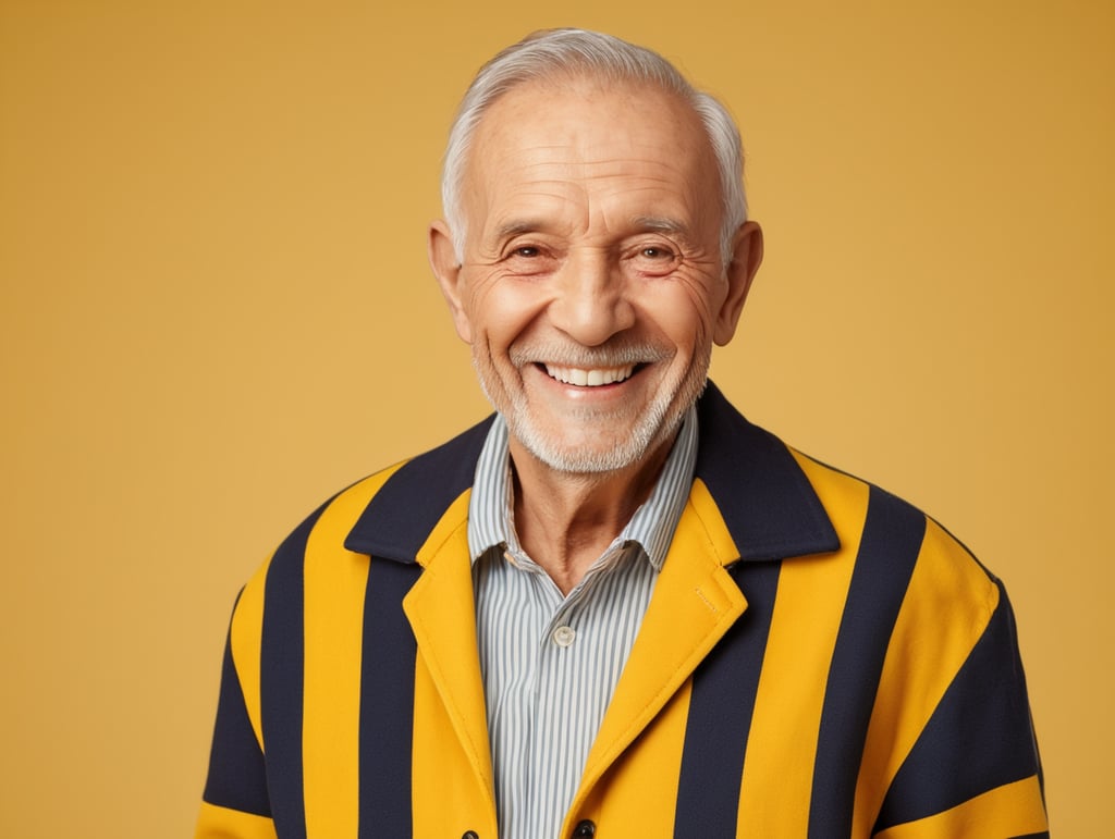 Smiling and cheerful old man in a striped jacket on an isolated yellow background