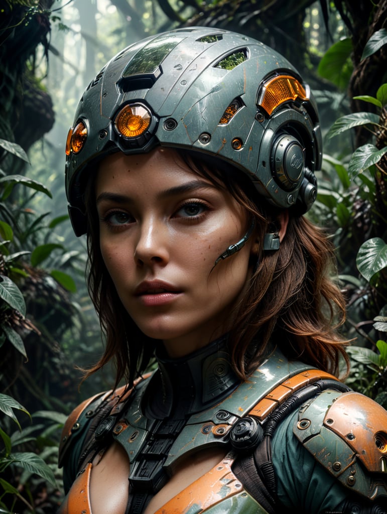 Waist-up, muted photo portrait titled "female futuristic alien in a jungle", broken helmet tangerine, muted palette, muted colors, detailed, 8k