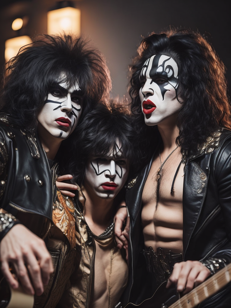 Rock band Kiss, studio photo, professional photo, Bright and rich colors, Detailed image, detailed face,