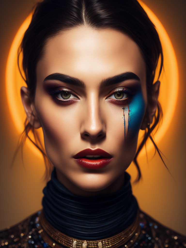 'Portrait of Yigit Özsener, bright and duotone colors, elegant, highly detailed, vogue, fashion magazine, sharp focus, bright expressive makeup, dramatic lighting, depth of field, incredibly high detailed, blurred background' painful facial expression,
