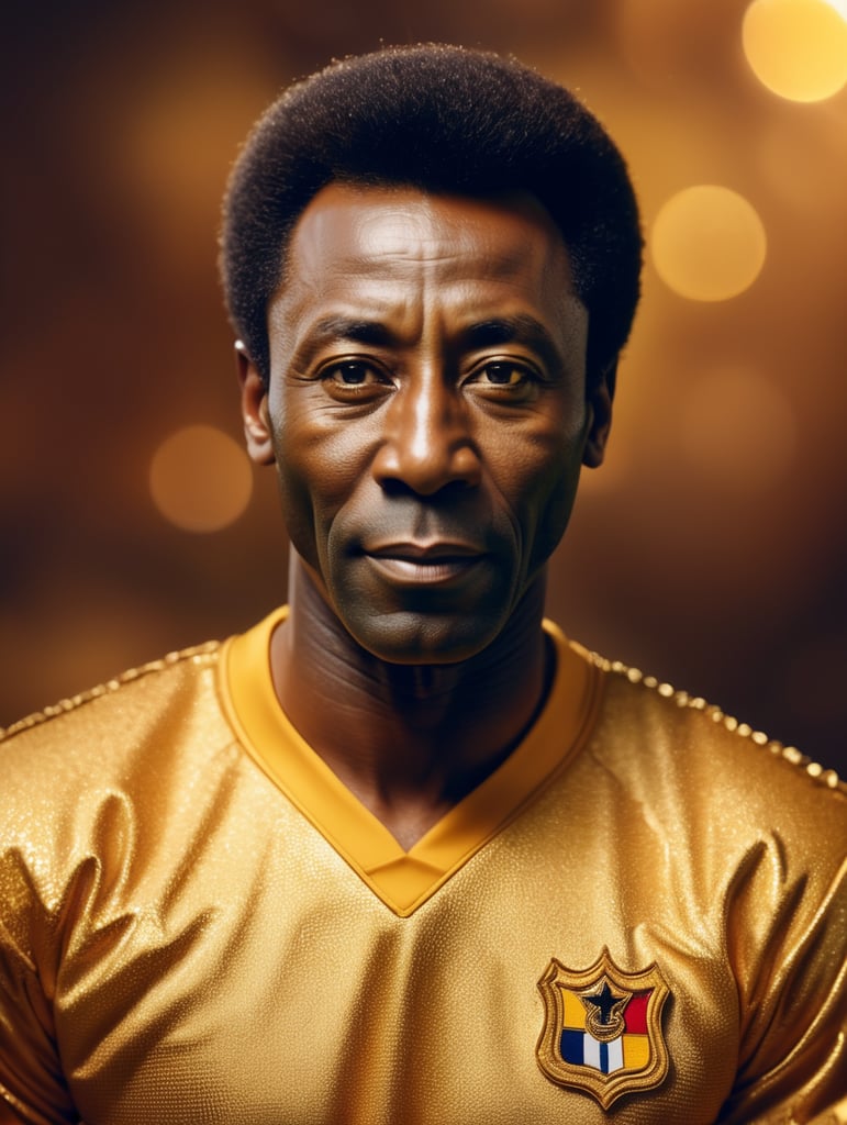 Pele's portrait in a golden football uniform, bright and saturated colors, highly detailed, fashion magazine, sharp focus, Dramatic Lighting, Depth of field, Incredibly high detailed, blurred background