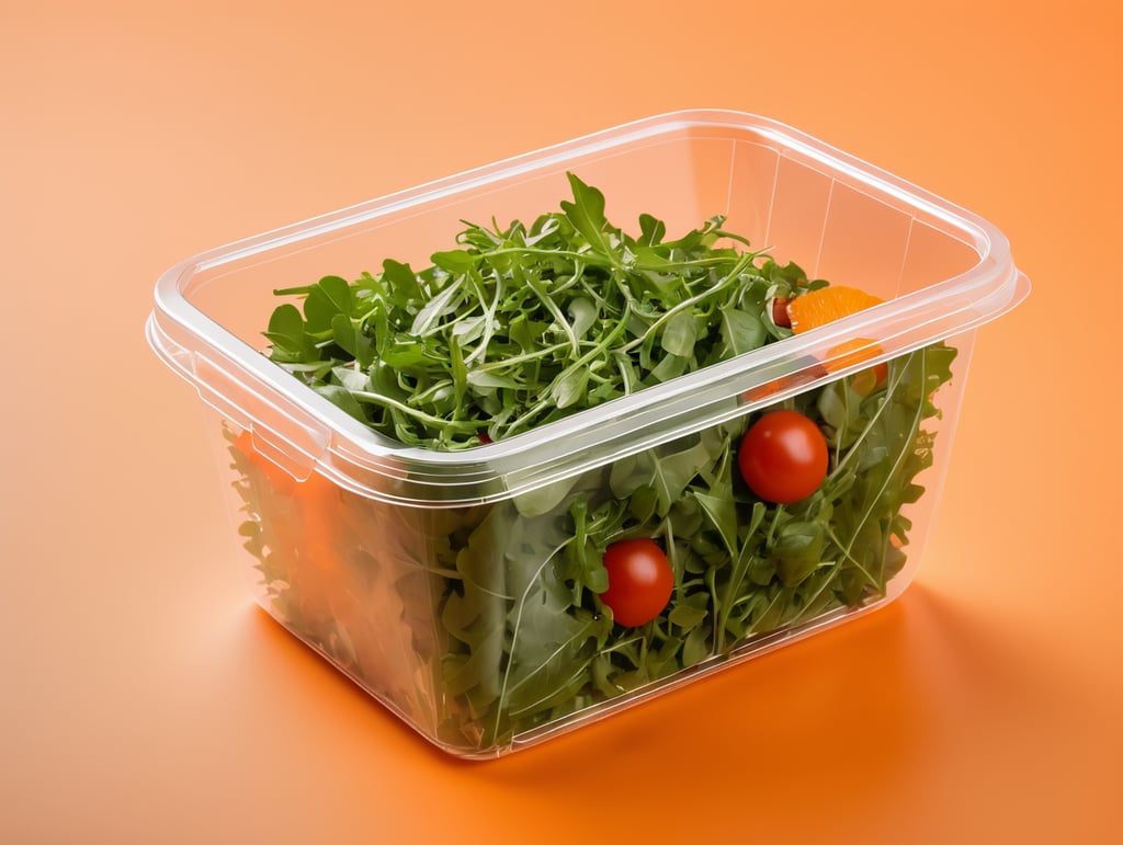 blank Transparent Plastic Container with Arugula Salad, isolated, orange background, Modern presentation, Mockup, mock up