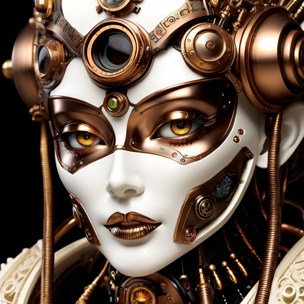 steampunk android, detailed face, highly detailed and intricate, ivory color, hyper-maximalism, bronze ornate, luxury