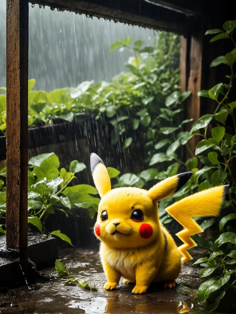 "Imagine Pikachu, the beloved Pokémon, joyfully playing in the pouring rain within a scene that has been utterly ravaged and weathered by the relentless passage of time. Pikachu should exude happiness, with raindrops bouncing off its yellow fur and an exuberant expression. The surroundings should depict a once-thriving environment now deteriorated and overgrown with vines, broken structures, and crumbling remnants of a forgotten era. The contrast between Pikachu's youthful spirit and the decaying landscape should evoke a poignant sense of nostalgia and the enduring resilience of nature."