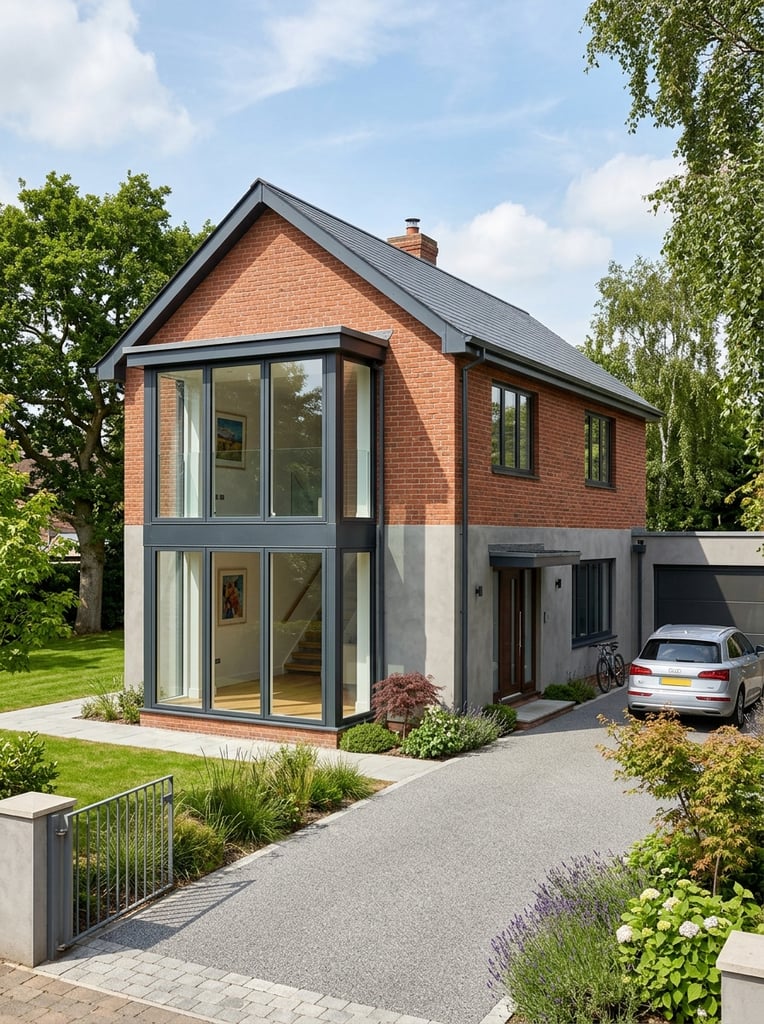 modern two-story house, red brick upper facade, smooth grey ground floor, double-height bay window, dark mullioned windows, slate pitched roof, paved driveway, bright daylight, architectural photography