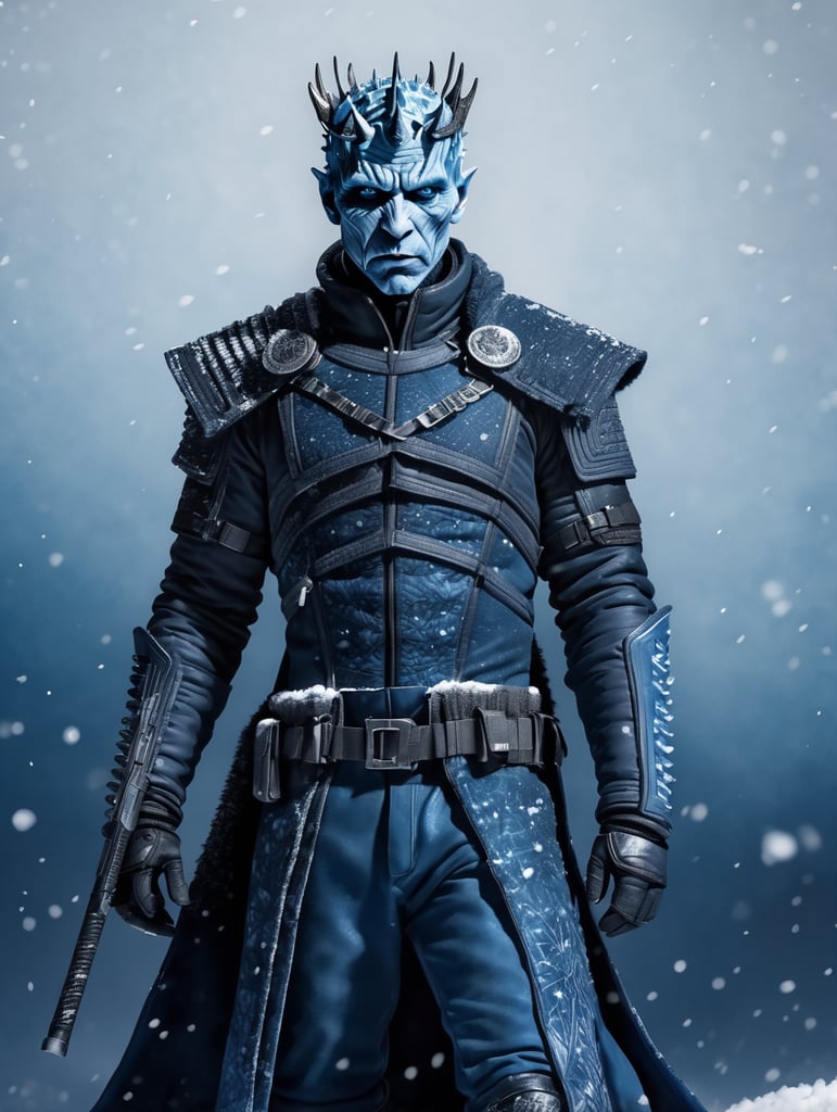 Night King, dark blue snowy background, wearing modern clothes, hyper realistic, hyper detailed male post-apocalyptic full body outfit, male character concept,