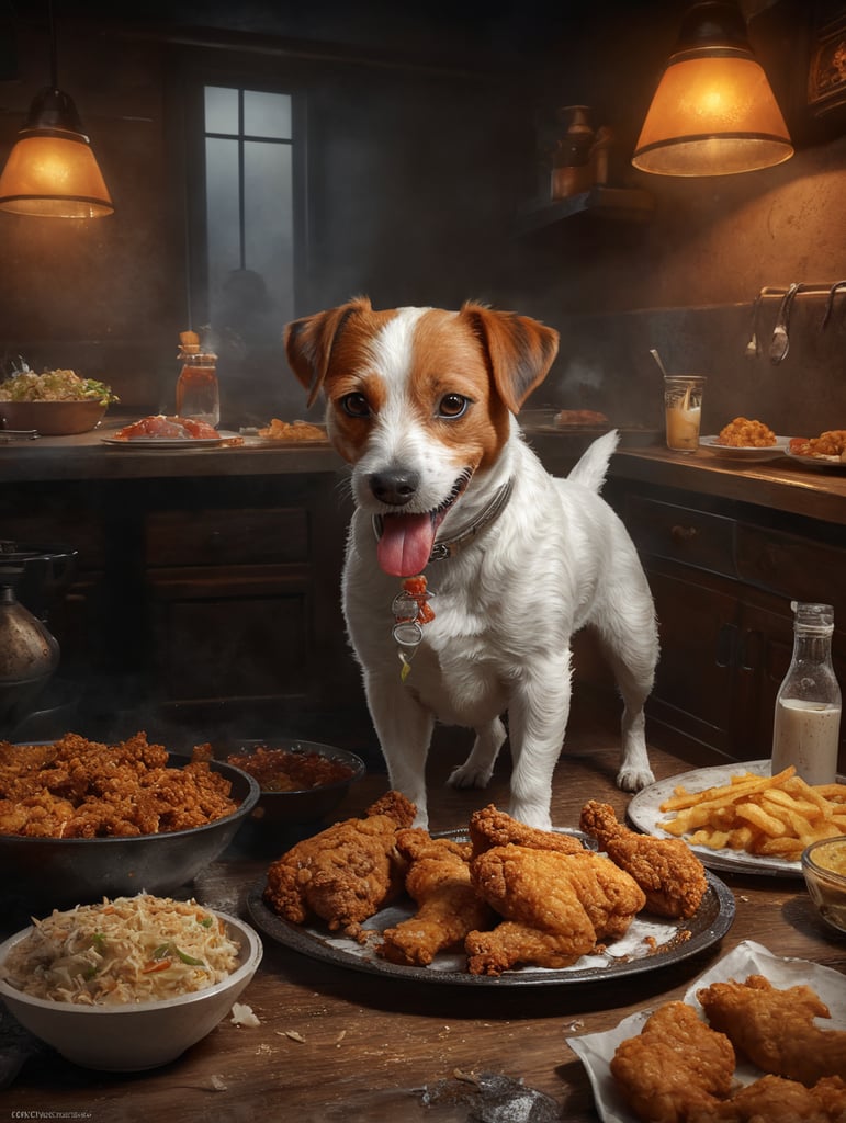 Jack Russell eats delicious fried chicken