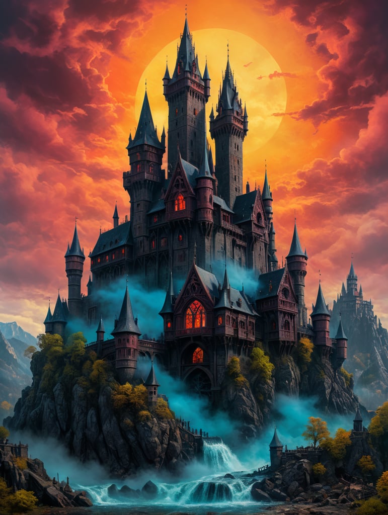 daytime view of a gothic horror castle with vivid colors and a wood press style