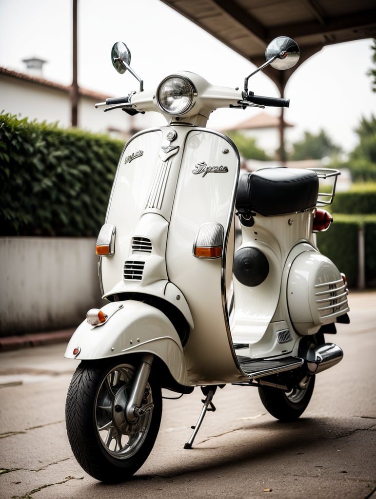 vintage white vespa, low angle view, isolated, white background, mockup