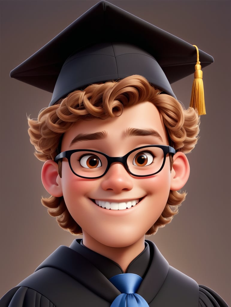 the young 18 years old man stands proudly in his black cap and black gown, radiating a sense of accomplishment and hope. beatiful smile. disney pixar sytle. Light brown hair. chin a little square. bow tie. beautiful ears. Caucasian skin. short light brown curly hair with shaved aside. Black square glasses. Brown eyes. Chubby rosy cheeks.