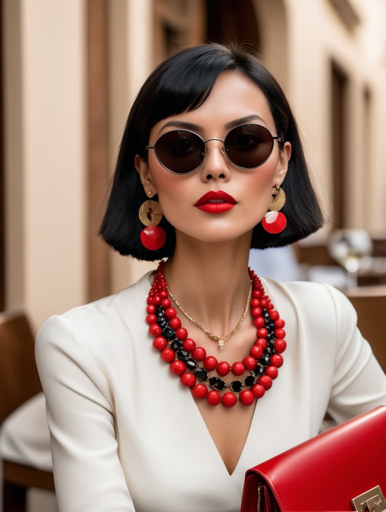 big geometric earrings sunglasses and necklace short black hair red lips italian style dolce and gabbana asian female model portal nous mallorca elegant luxury sitting restaurant leather handbag