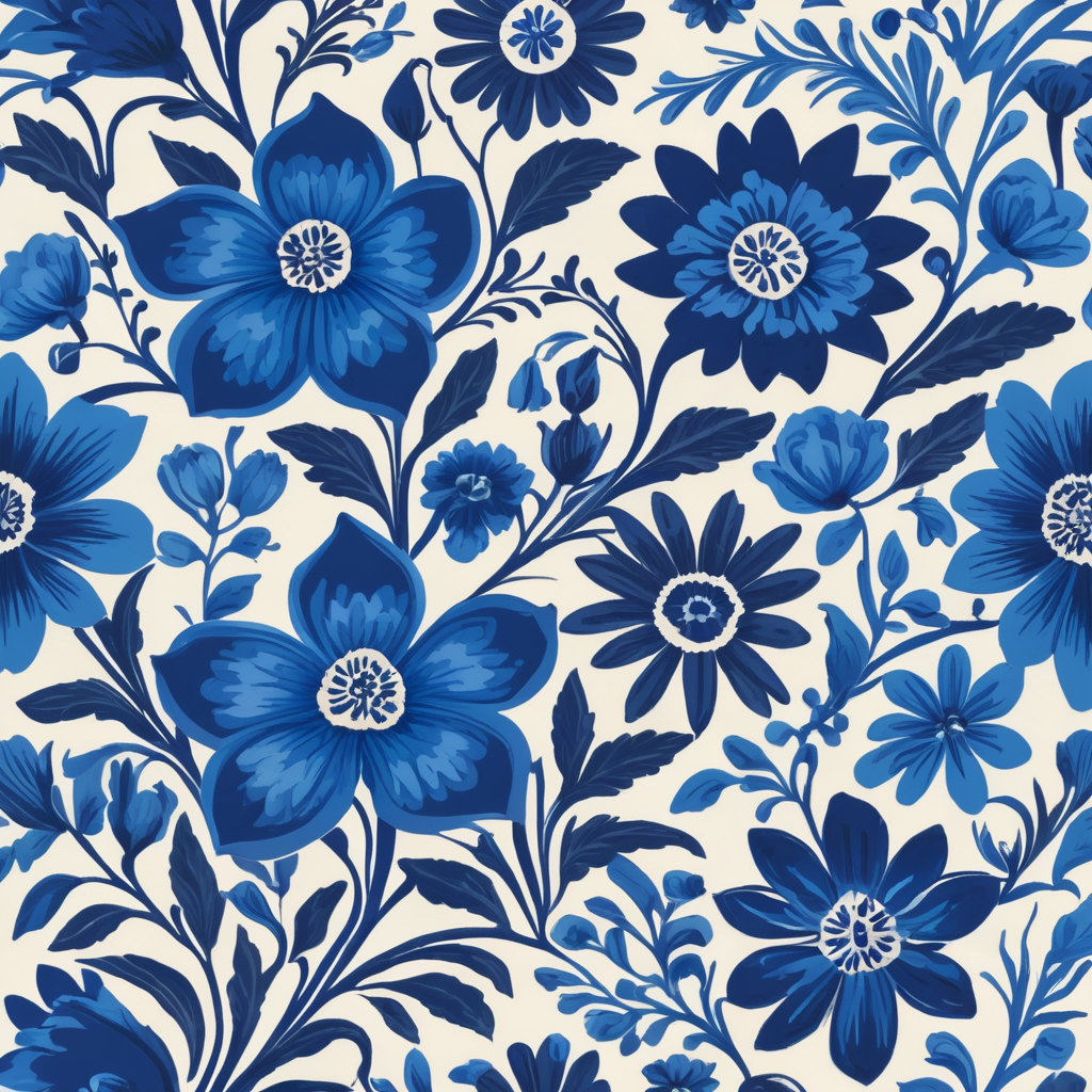Seamless pattern beautiful floral pattern with blue flowers in the background, in the style of polish folklore motifs, juliana nan, mexican folklore - inspired, tivadar csontváry kosztka, clara peeters, texture exploration, blue color scheme, blue pallete, amoled, 264k render HD