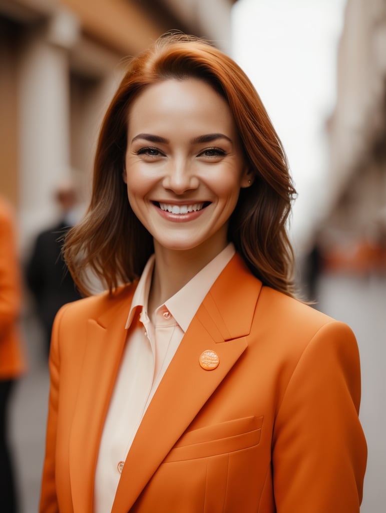 a women with an orange suit and smily face