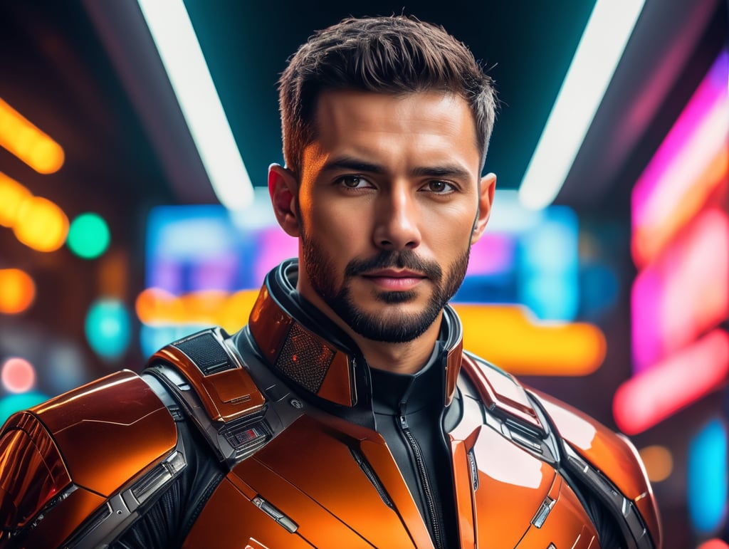 man from future, ultra realism, super detailed, neon colors, magazine cover, professional shot, magazine photography, bright saturated colors, sharp focus, highly detailed, room for copy, simple background