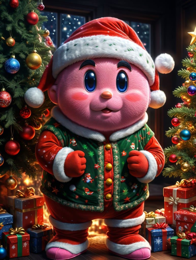 Kirby the video game character wearing Christmas pajamas