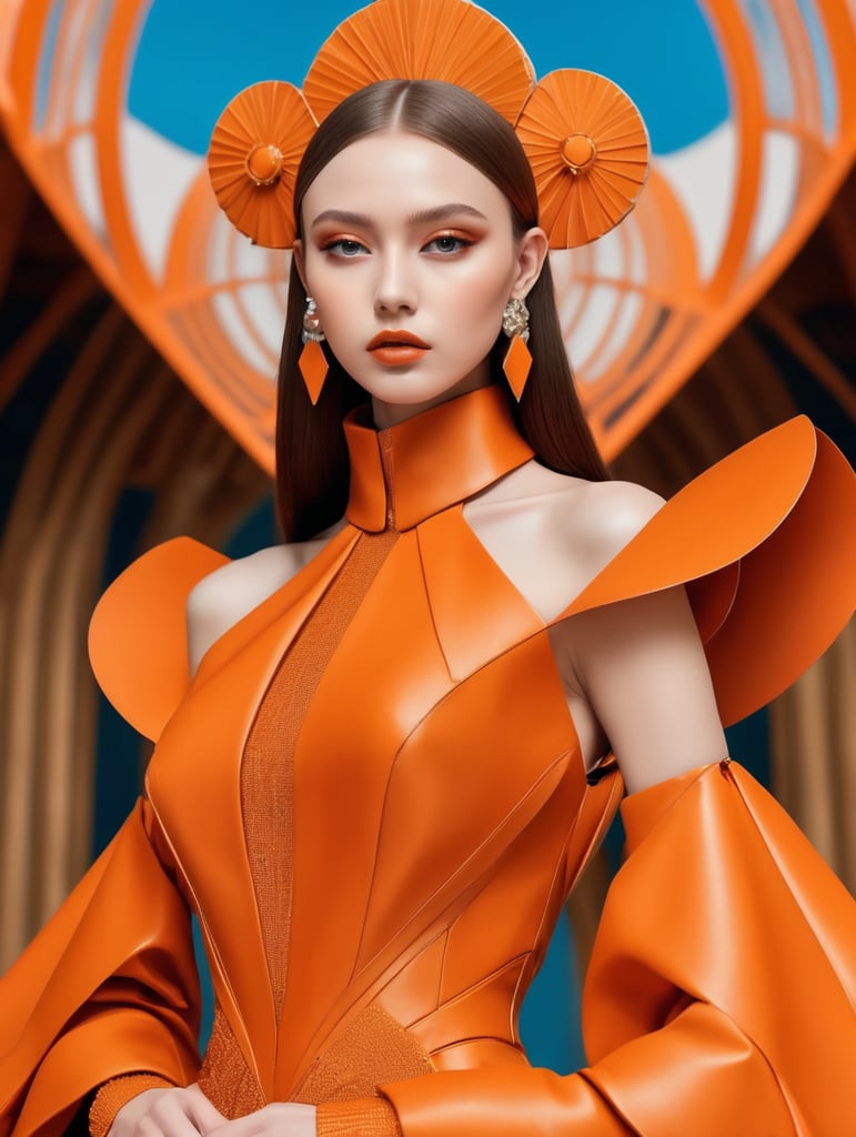 Girl in eco friendly haute couture outfit in the style of anime, surrealism, akira style. details. fine jewelry. eco friendly. Large head dress inspired by geometric shapes, architecture, constructivism