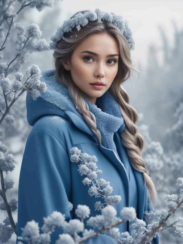 realistic real 8K, 3D, winter background beautiful girl in blue winter coat frozen flowers and hoarfrost branches