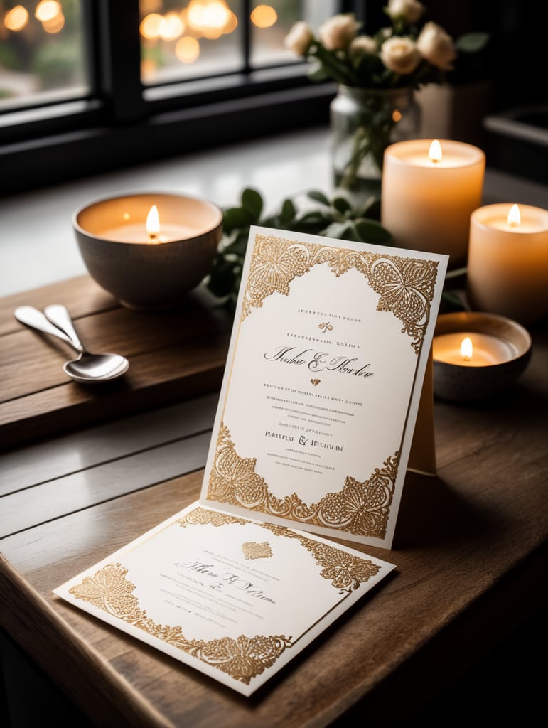 wedding invitation on the kitchen bench. nice moody light