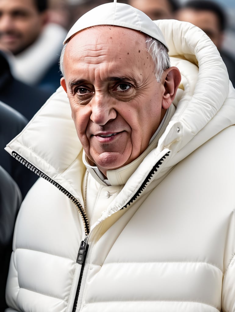 Professional photo of a glamour Pope Francis looking stylish in a white puffer jacket