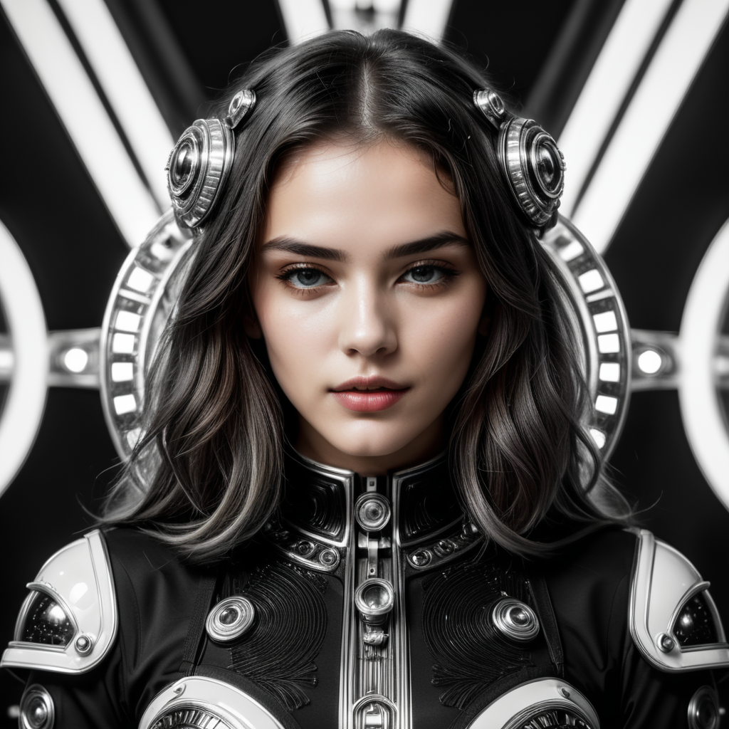 Cute girl model, retro futurist of high fashion, made in symmetrical black and white psychedelic style, black and white beauty, optical illusion, glitch art, flirty, shot on Canon