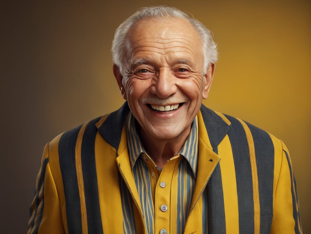 Smiling and cheerful old man in a striped jacket on an isolated yellow background