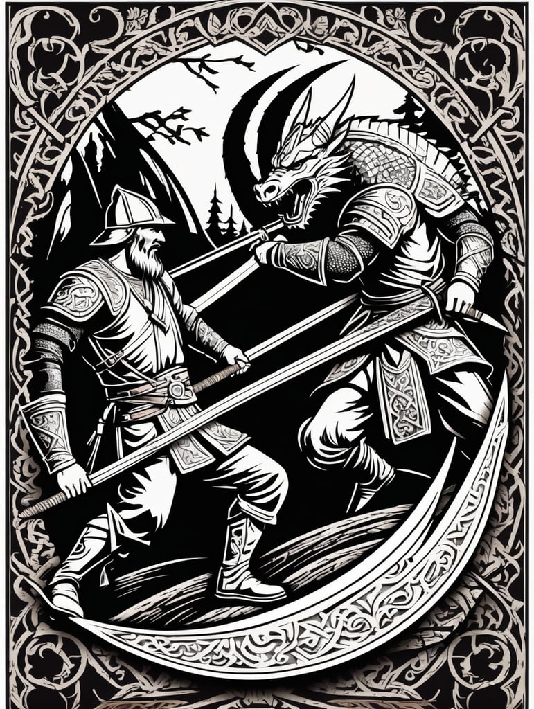 Peasant and dragon combat, wood cutting style, vector graphics, viking era, bevel with rune