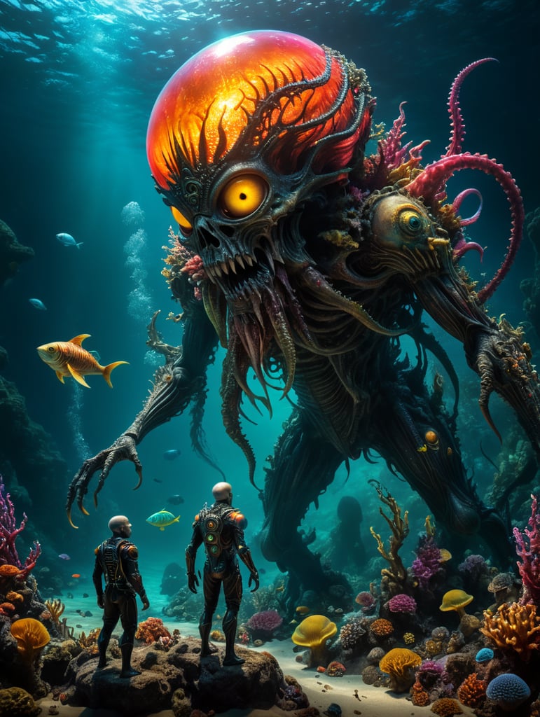 A Horror macabre creature standing under a deep ocean holding the hand of a little bright fantastical alien creature ((expressionism, Bright Colours, Professional Photography, contemporary)) : Ultra-realistic, ultra-photographic, HDRI, sharp Focus,