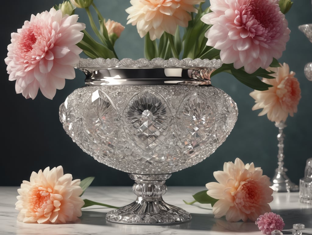 diamonds and flowers in the crystal vase .hyper -detailed, trending on art station, sharp focus, studio photo, intricate details, highly detailed.