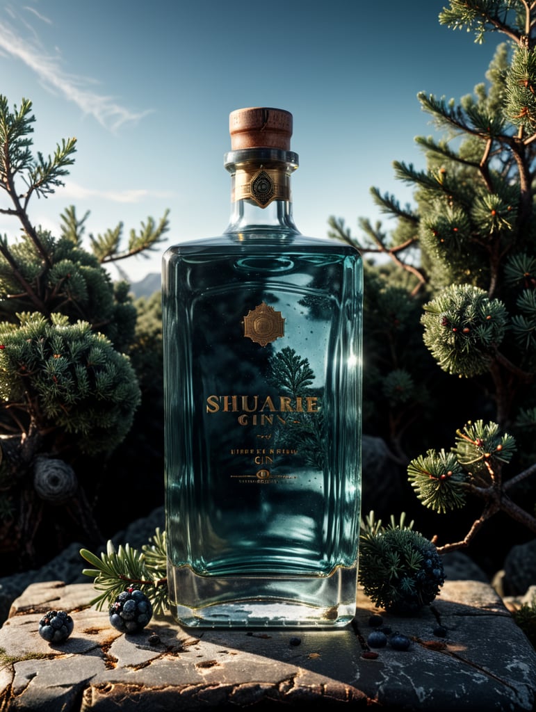 professional photography of a square gin bottle, square bottle, surrounding a juniper and juniper berries, one shot of gin in a front, no label, clear, mockup