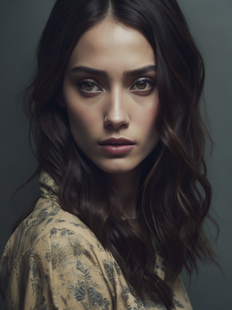 eiza gonzález portrait by ikenaga yasunari and ayana otake and ko rakusui, 60s poster, drawing, realistic, sharp focus, japanese, dreamy, nostalgia, faded, golden hues, floral clothes