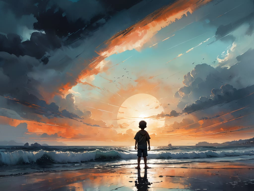 An evocative black and white photograph capturing the solitude and contemplation of a young child standing on the shore. The child is silhouetted against a dramatic sky, filled with dark clouds and streaks of light breaking through. The monochromatic palette adds a timeless quality to the image, emphasizing the emotional depth of the scene. The composition is carefully framed, with the child positioned off-center, creating a sense of balance and visual interest. The wide angle lens used for the shot enhances the grandeur of the seascape, emphasizing the vastness of the world in contrast to the small figure of the child.