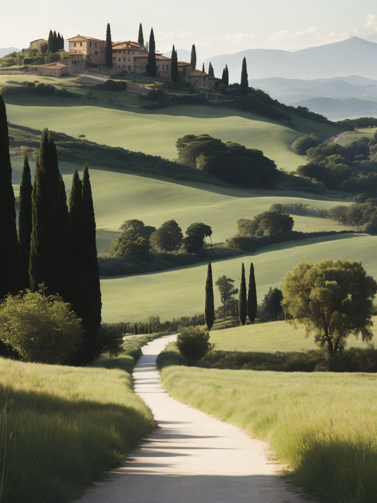 Italian landscape tuscany, photorealistic, serene, peaceful, majestic, high detail, landscape, ultra hd, matte painting, highly detailed, concept art, contrast light, deep colors