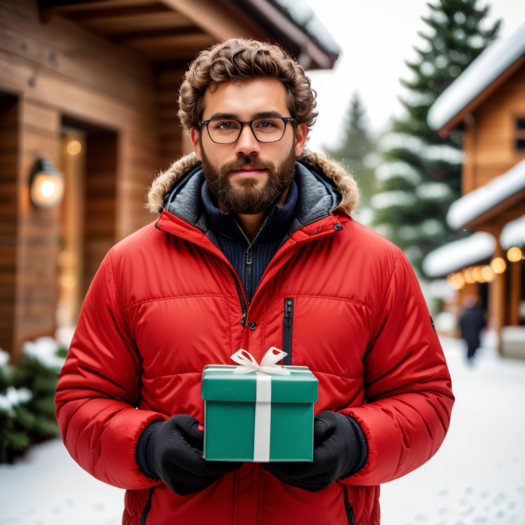 portrait of a bearded curly man wearing red puffer jacket, reeding glasses, stands front camera with gift box his hand, snowy weather, Christmas time, blurry background