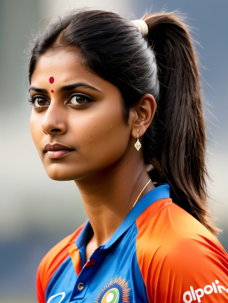 Mitali Raj, Indian cricketer - Abstract form, bold fast patch work colors, full patch colur work technique portrait side face, no make up, natural style of face & hair, no bindi