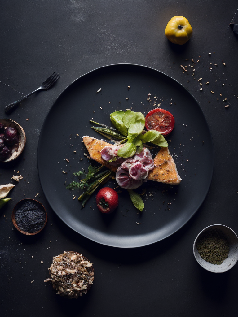 Craft a mouthwatering plate of gourmet cuisine with beautifully arranged ingredients.